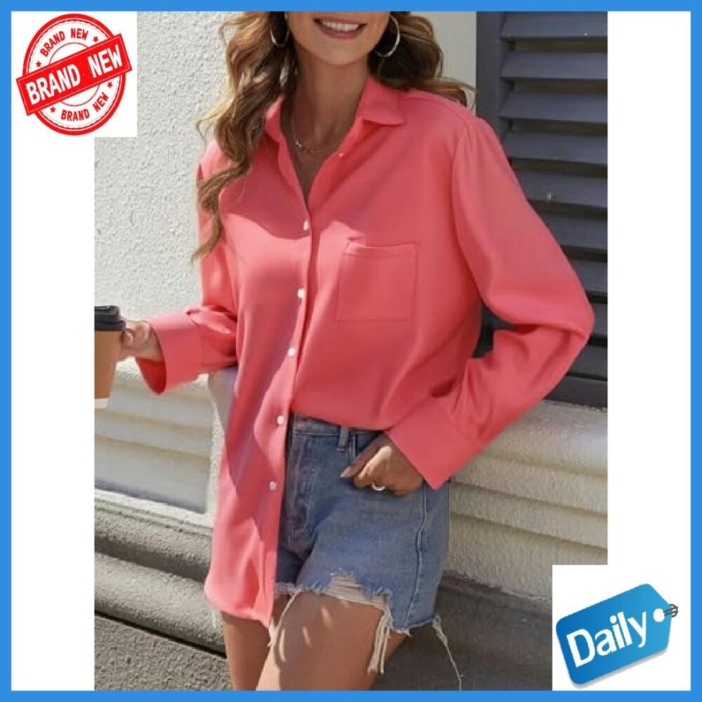 Oversized Button Down Shirt Wrinkle Free Long Sleeve Blouse with Pockets - Picture 4 of 7